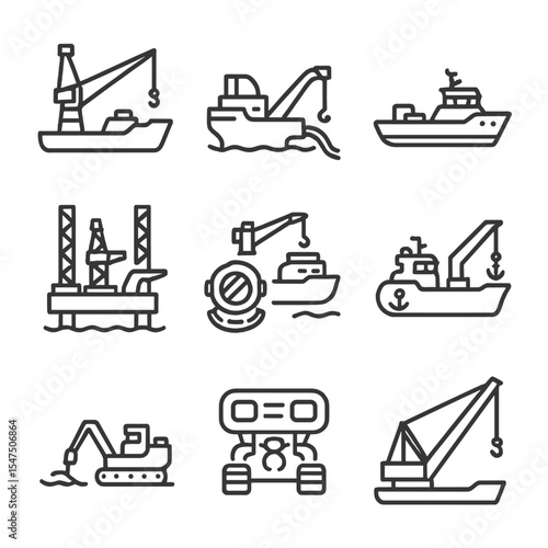 Marine Machinery Icons. Outline icon set of offshore and marine heavy machinery: crane vessel, pipe-laying barge, platform supply