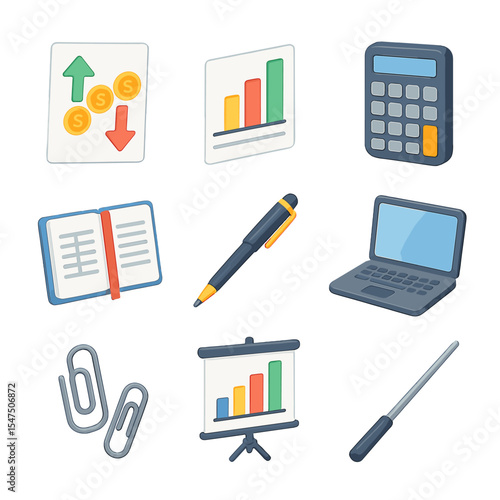 Cash Flow Tools. Isometric Flat icon set of cash flow analysis desk: cash flow diagram, bar chart, calculator, ledger, pen, laptop