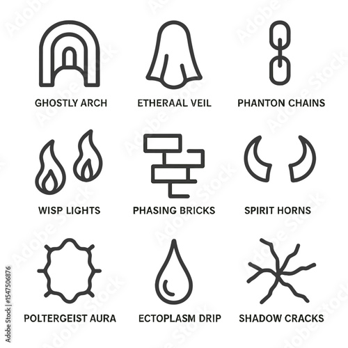 Spectral Threshold Icon Set. Outline icon set of spectral thresholds: ghostly arch, ethereal veil, phantom chains, wisp lights,