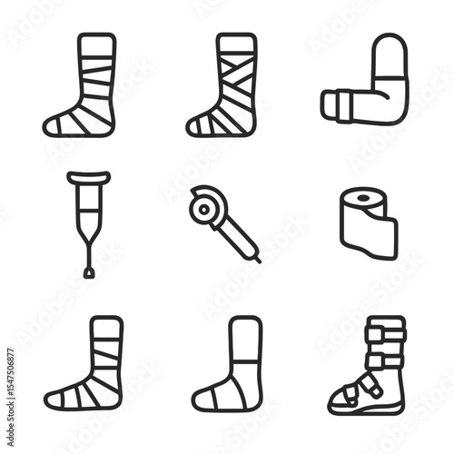 Casts and Splints Icons. Outline icon set of casts and splints: plaster cast, fiberglass cast, splint, crutch, cast removal saw,