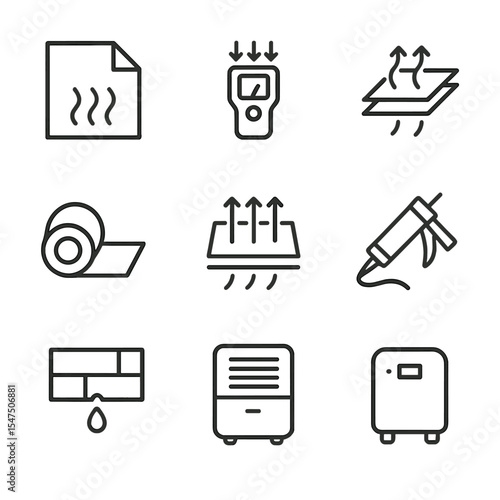 Moisture Control Icons. Outline icon set of moisture control accessories: vapor barrier sheet, moisture meter, vapor retarder,