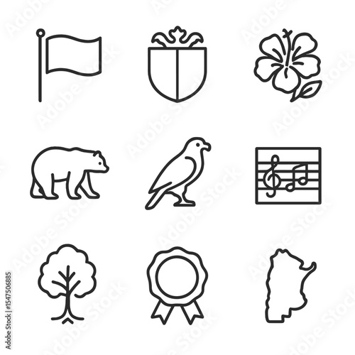 National Symbols Icons. Outline icon set of national symbols: flag, coat of arms, national flower, national animal, national bird,