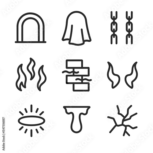 Spectral Threshold Icon Set. Outline icon set of spectral thresholds: ghostly arch, ethereal veil, phantom chains, wisp lights,