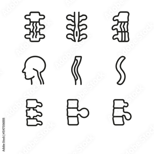 Spinal Disorders Icon Set. Outline icon set of congenital spinal disorders: spina bifida, tethered cord, syringomyelia,