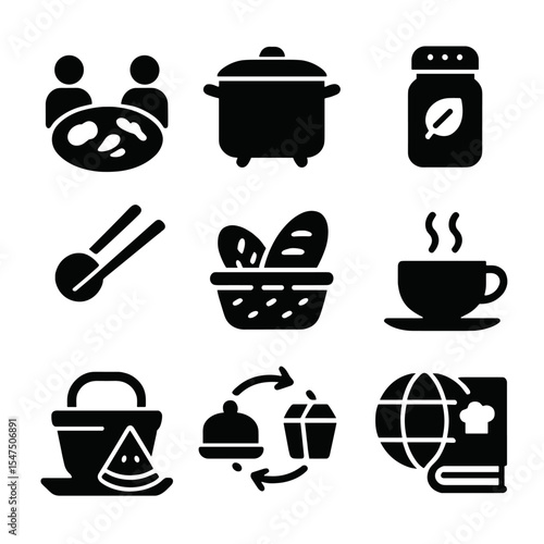Cultural Connection Icons. Solid, filled icons set of food as cultural connection: shared plate, cooking pot,