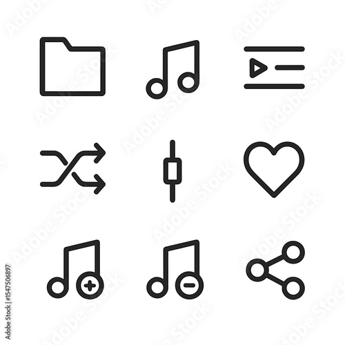Music Playlist Icons. Outline icon set of collaborative music playlists: playlist folder, music note, play queue, shuffle icon,