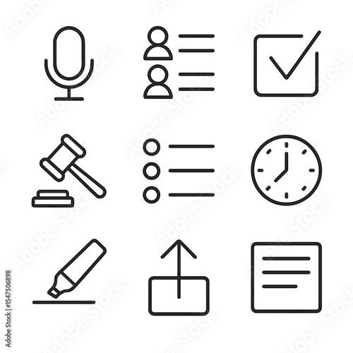 Meeting Minutes Icons. Outline icon set of meeting minutes notepad: microphone icon, attendee list, action item checkbox, decision