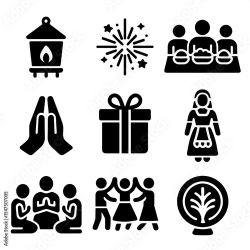 Cultural Traditions Icons. Solid, filled icons set of celebrating cultural traditions together: lantern light,