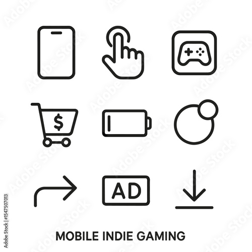 Mobile Gaming Icons. Outline icon set of mobile indie gaming: smartphone, touch gesture, app icon, in-app purchase cart, battery
