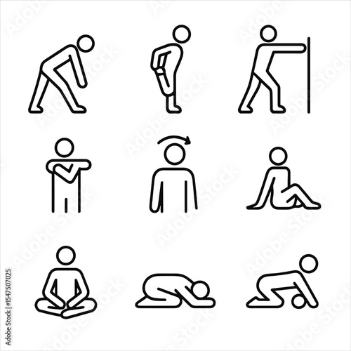 Stretch Routine Icons. Outline icon set of stretching routines at home: hamstring stretch, quad stretch, calf stretch, shoulder