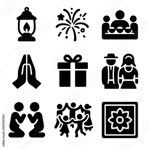 Cultural Traditions Icons. Solid, filled icons set of celebrating cultural traditions together: lantern light,