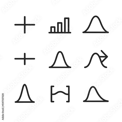Statistical Icon Set. Outline icon set of statistical measures: mean marker, variance bars, standard deviation bell, median line,