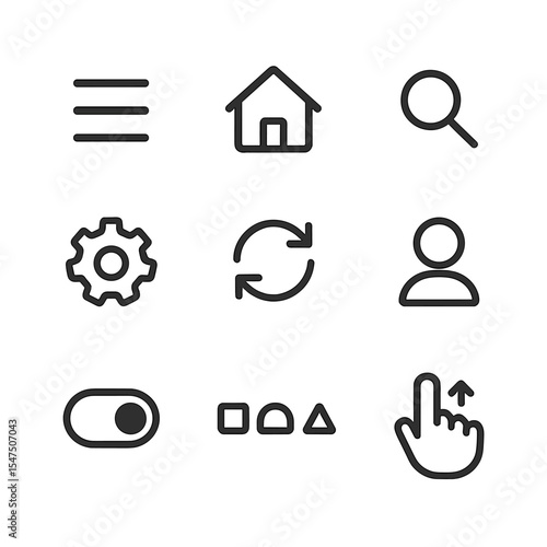 Mobile Planner Icons. Outline icon set of mobile planner interface: hamburger menu, home screen, search bar, settings gear, sync