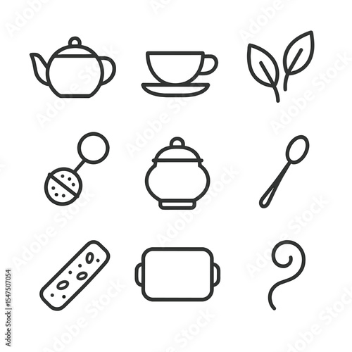 Tea Time Icons. Outline icon set of tea time ritual: teapot, teacup, tea leaves, infuser, sugar bowl, teaspoon, biscotti, tray,
