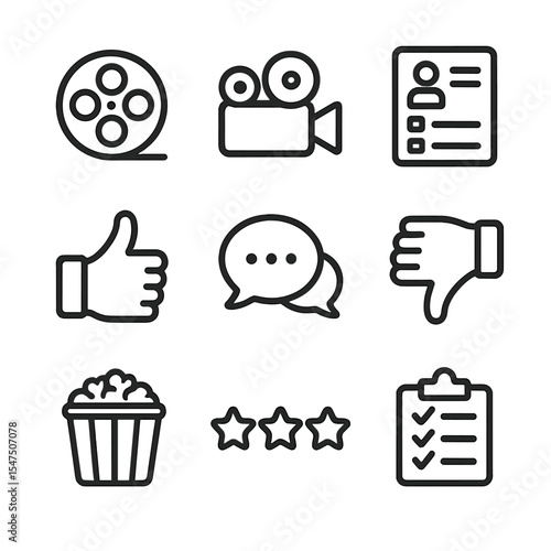 Test Screening Icons. Outline icon set of test screening feedback: film reel, projector, feedback form, thumbs up, thumbs down,