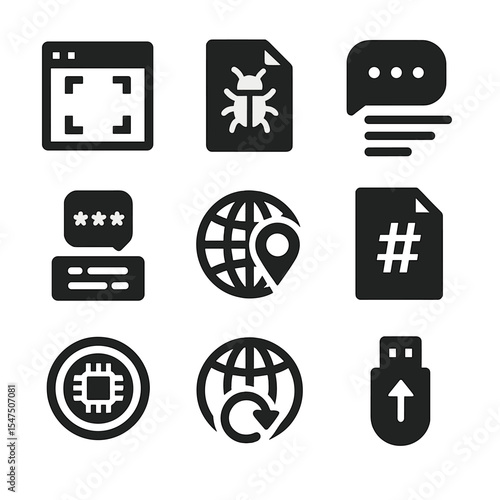 Cybercrime Evidence Icons. Solid, filled icons set of cybercrime evidence gathering: screenshot icon, malware