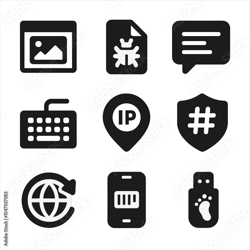Cybercrime Evidence Icons. Solid, filled icons set of cybercrime evidence gathering: screenshot icon, malware
