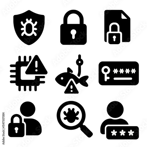 Cybersecurity Icon Grid. Solid, filled icons set of cybersecurity essentials: antivirus software, lock symbol,