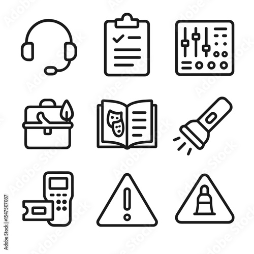 Theater Icon Set. Outline icon set of production and backstage roles: director headset, stage manager clipboard, sound tech