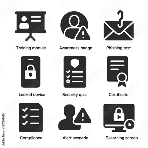 Cybersecurity Training Icons. Solid, filled icons set of employee cybersecurity training: training module,