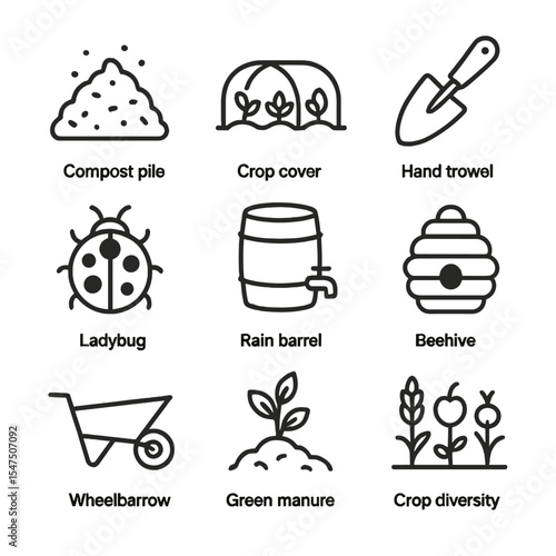 Organic Farming Icons. Outline icon set of organic farming practices: compost pile, crop cover, hand trowel, ladybug, rain barrel,