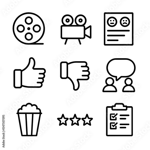Test Screening Icons. Outline icon set of test screening feedback: film reel, projector, feedback form, thumbs up, thumbs down,