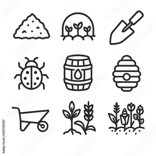 Organic Farming Icons. Outline icon set of organic farming practices: compost pile, crop cover, hand trowel, ladybug, rain barrel,