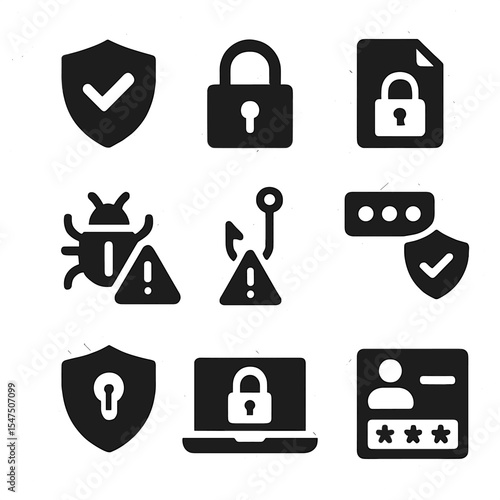 Cybersecurity Icon Grid. Solid, filled icons set of cybersecurity essentials: antivirus software, lock symbol,
