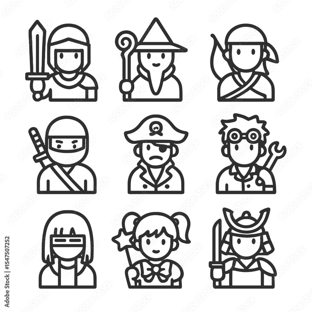 Fototapeta premium Character Archetype Icons. Outline line icon set of character archetypes: warrior, mage, archer, ninja, pirate, steampunk engineer