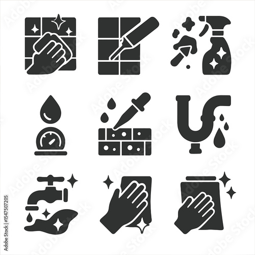 Deep Cleaning Icons. Solid, filled icons set of deep cleaning routines: tile scrub, sealant check, mold