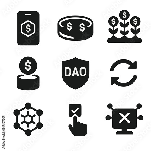 DeFi Icons Grid. Solid, filled icons set of decentralized finance (DeFi): DeFi app, liquidity pool, yield