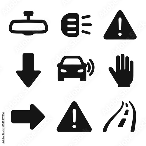 Defensive Driving Icons. Solid, filled icons set of defensive driving tips: rearview mirror, brake light,