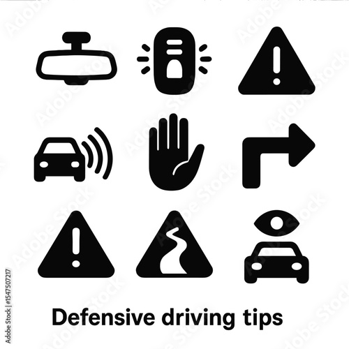 Defensive Driving Icons. Solid, filled icons set of defensive driving tips: rearview mirror, brake light,
