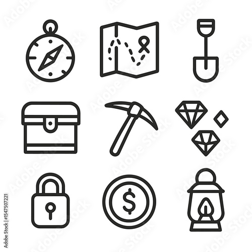 Treasure Hunter Tools Icons. Outline icon set of treasure hunter tools: compass, map, shovel, chest, pickaxe, gems, lock, gold