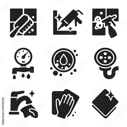 Deep Cleaning Icons. Solid, filled icons set of deep cleaning routines: tile scrub, sealant check, mold