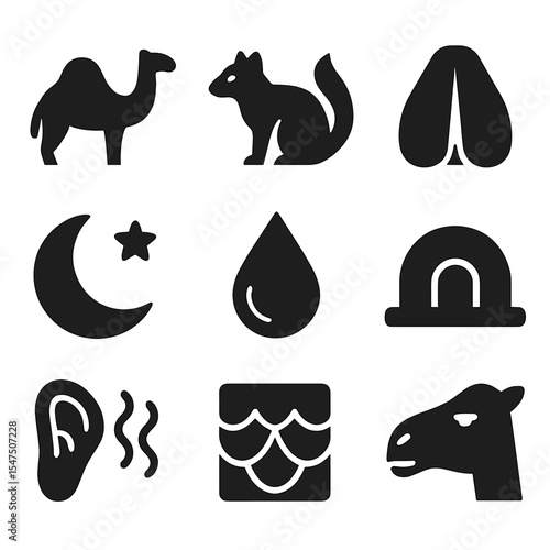 Desert Animal Icons. Solid, filled icons set of desert animal adaptations: camel hump, sand-colored fur, wide