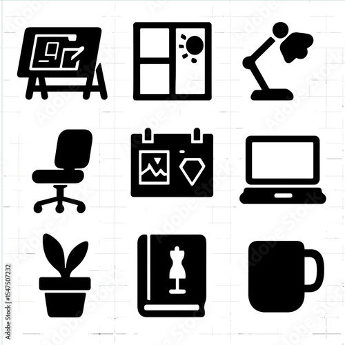Designer Workspace Icons. Solid, filled icons set of designer workspace environment: drafting table, window