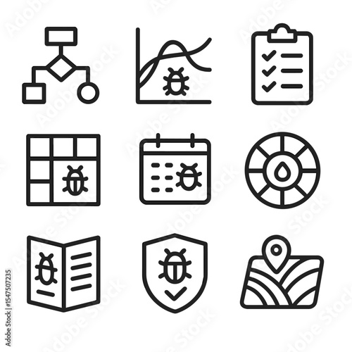 Pest Management Icons. Outline icon set of integrated pest management tools: decision support chart, economic threshold graph,