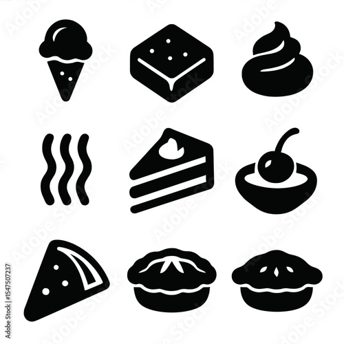 Dessert Icon Collection. Solid, filled icons set of dessert pairings: ice cream cone, brownie, whipped topping