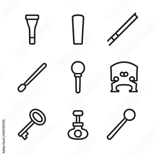 Musical Instrument Icons. Outline icon set of instrument components: mouthpiece, reed, bow, drumstick, tuning peg, bridge, key,