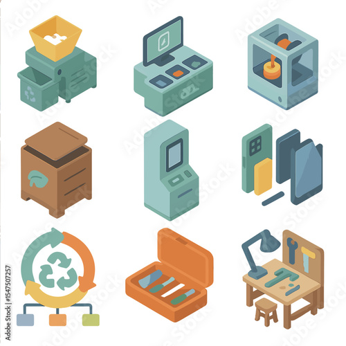 Circular Economy Icons. Isometric Flat icon set of circular economy and recycling tech: plastic shredding machine, e-waste sorter,