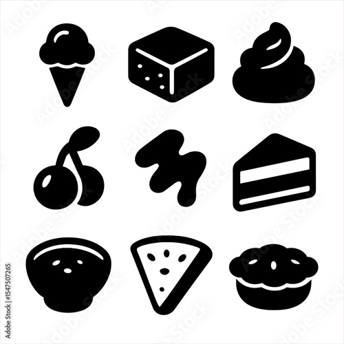 Dessert Icon Collection. Solid, filled icons set of dessert pairings: ice cream cone, brownie, whipped topping