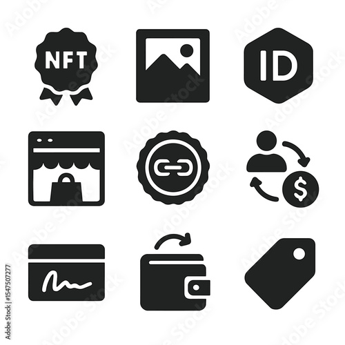 Digital Asset Icons. Solid, filled icons set of NFT and digital assets: NFT badge, collectible image, token ID