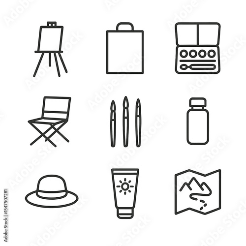 Plein Air Icon Set. Outline icon set of plein air painting gear: folding easel, portable canvas, paint box, collapsible chair,