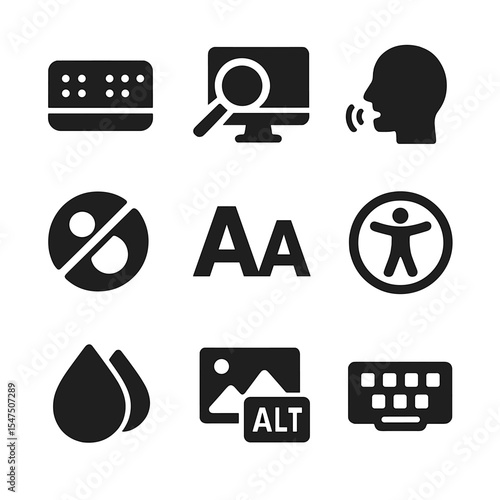 Digital Accessibility Icons. Solid, filled icons set of digital accessibility tools: braille display, screen