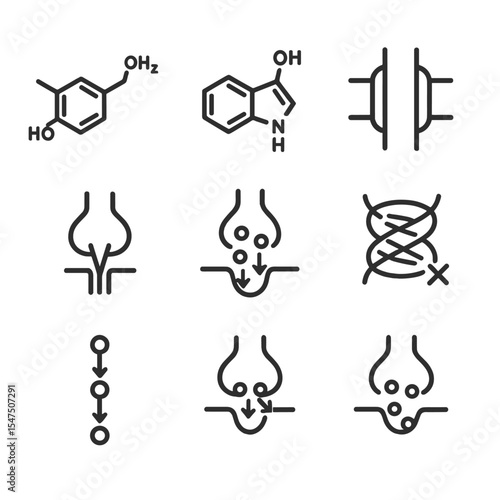 Neurotransmitter Icon Set. Outline icon set of neurotransmitter genetics: dopamine molecule, serotonin structure, transporter