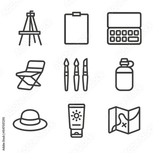 Plein Air Icon Set. Outline icon set of plein air painting gear: folding easel, portable canvas, paint box, collapsible chair,