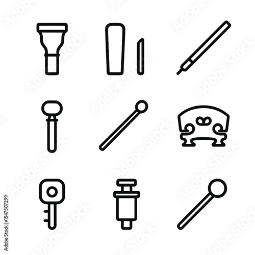Musical Instrument Icons. Outline icon set of instrument components: mouthpiece, reed, bow, drumstick, tuning peg, bridge, key,