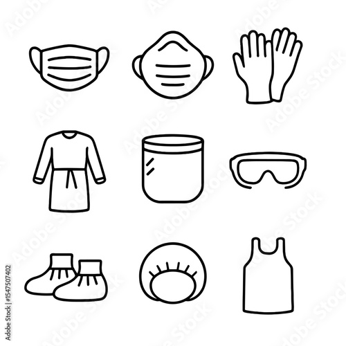 PPE Outline Icon Set. Outline icon set of PPE types for medical staff: surgical mask, N95 respirator, nitrile gloves, isolation