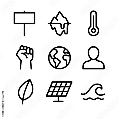 Climate Protest Icons. Outline icon set of climate justice protest: protest banner, melting iceberg, thermometer, raised fist,
